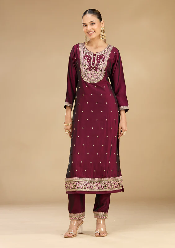 Wine Threadwork Soft Raw Silk Readymade Salwar Suit - Image 3