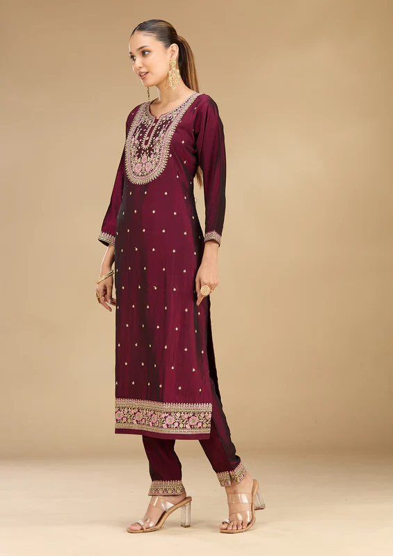 Wine Threadwork Soft Raw Silk Readymade Salwar Suit - Image 2