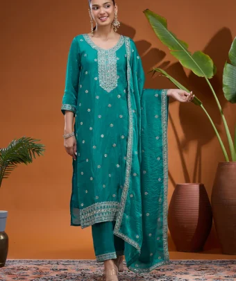 Blue Zariwork (Gold) Tissue Readymade Salwar Suit