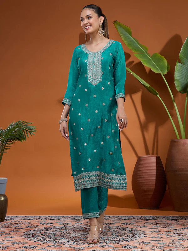 Blue Zariwork (Gold) Tissue Readymade Salwar Suit - Image 4