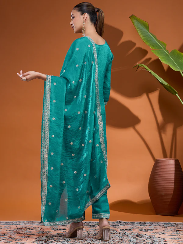 Blue Zariwork (Gold) Tissue Readymade Salwar Suit - Image 3