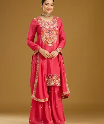 Pink Threadwork Soft Raw Silk Readymade Salwar Suit