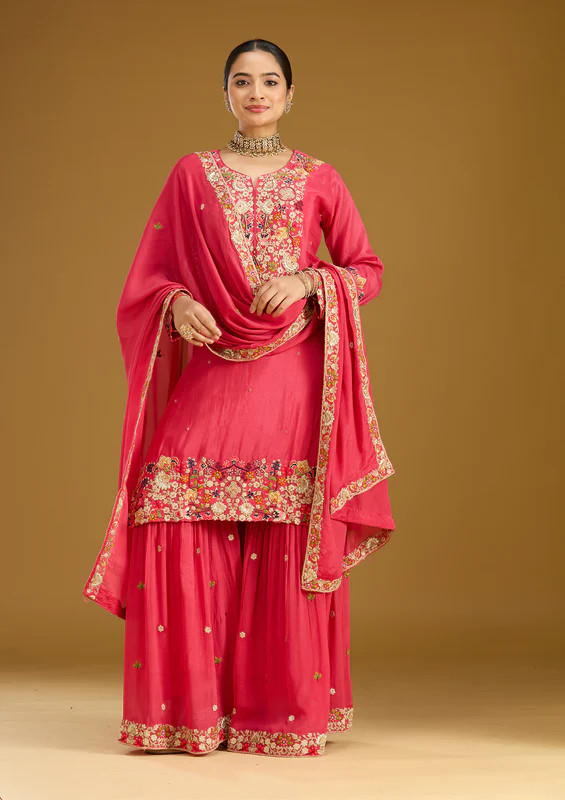 Pink Threadwork Soft Raw Silk Readymade Salwar Suit - Image 3