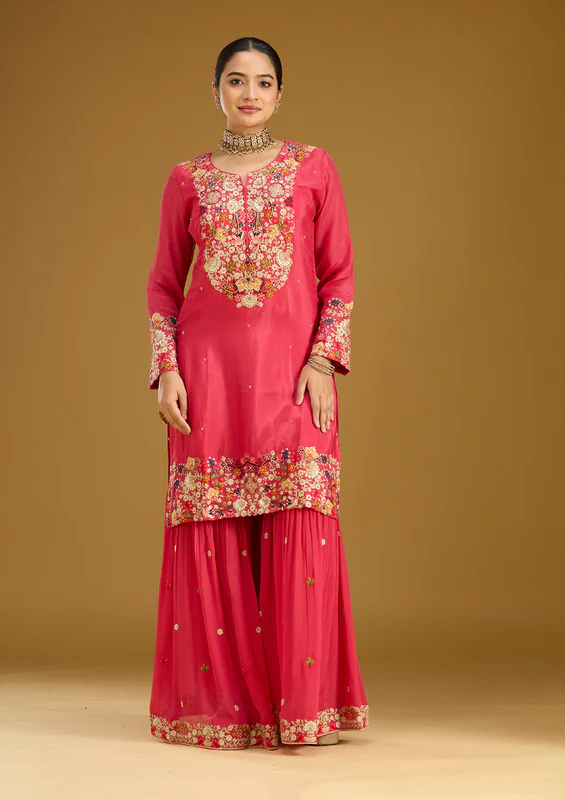 Pink Threadwork Soft Raw Silk Readymade Salwar Suit - Image 2