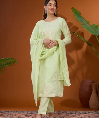 Pista Green Threadwork Chanderi Readymade Salwar Suit