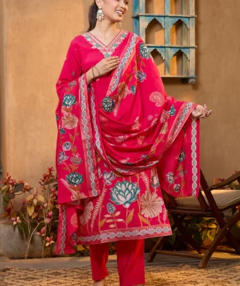 Rani Pink Threadwork Soft Raw Silk Readymade Salwar Suit