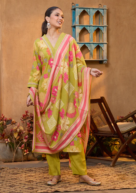Pista Green Cording Soft Raw Silk Readymade Salwar Suit