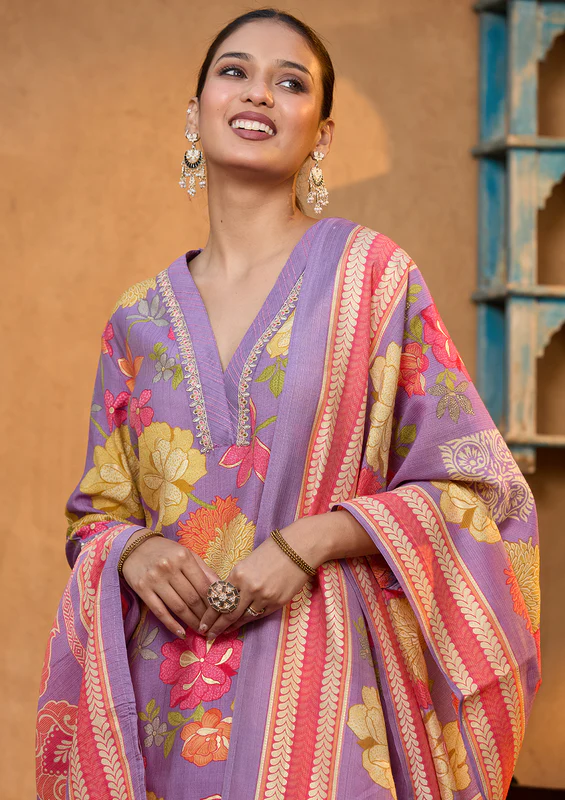 Purple Cording Soft Raw Silk Readymade Salwar Suit - Image 3