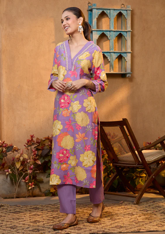 Purple Cording Soft Raw Silk Readymade Salwar Suit - Image 2