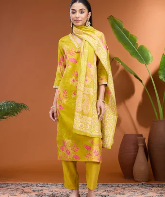 Mehandi Green Cording Soft Raw Silk Readymade Salwar Suit