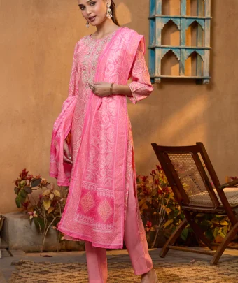 Pink Threadwork Chanderi Readymade Salwar Suit