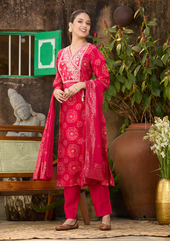 Rani Pink Sequins Chanderi Readymade Salwar Suit