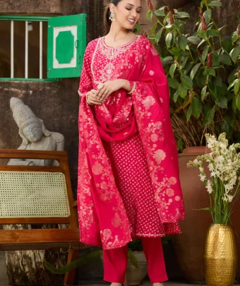 Rani Pink Cording Chanderi Readymade Salwar Suit