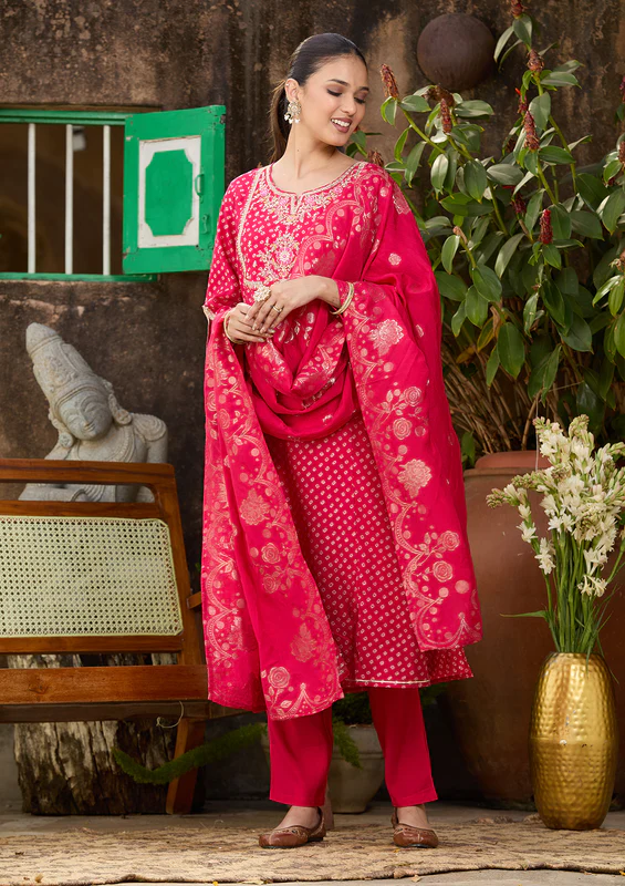 Rani Pink Cording Chanderi Readymade Salwar Suit