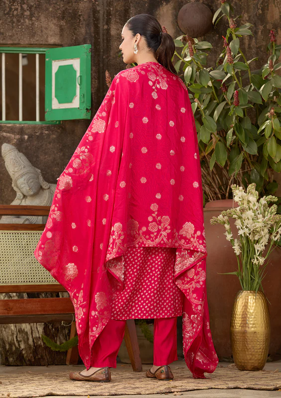 Rani Pink Cording Chanderi Readymade Salwar Suit - Image 4