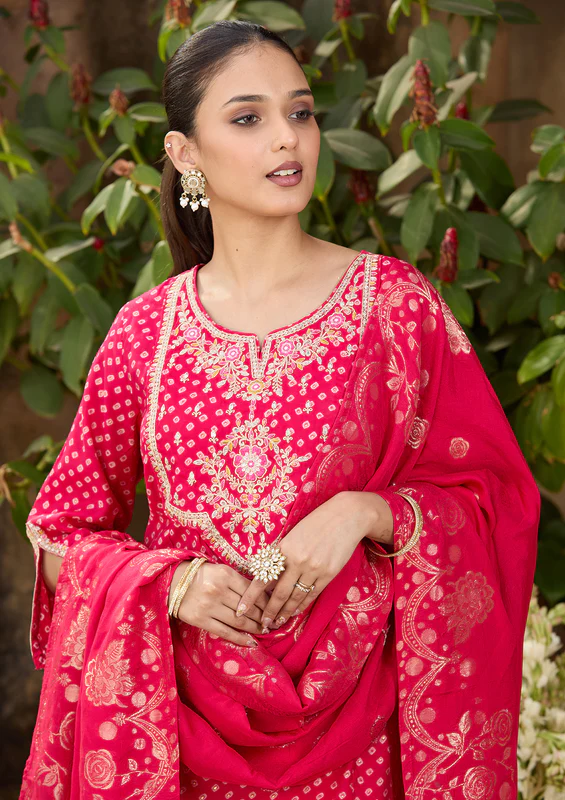 Rani Pink Cording Chanderi Readymade Salwar Suit - Image 3