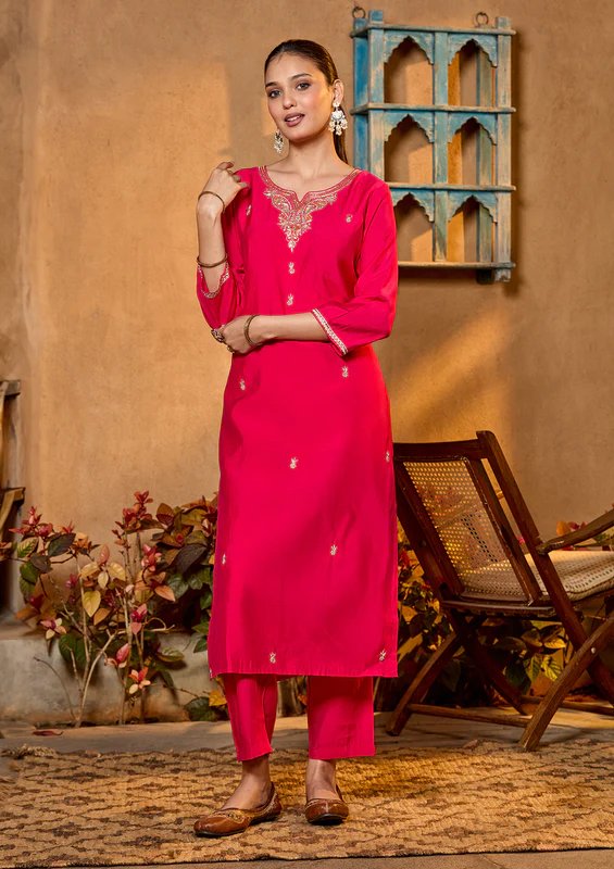 Rani Pink Zariwork Soft Raw Silk Readymade Salwar Suit - Image 2