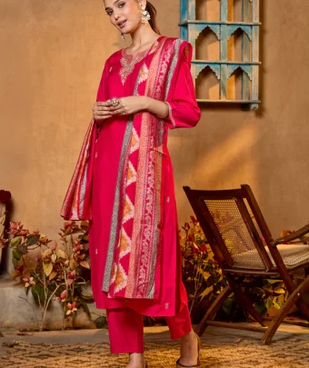 Rani Pink Zariwork Soft Raw Silk Readymade Salwar Suit