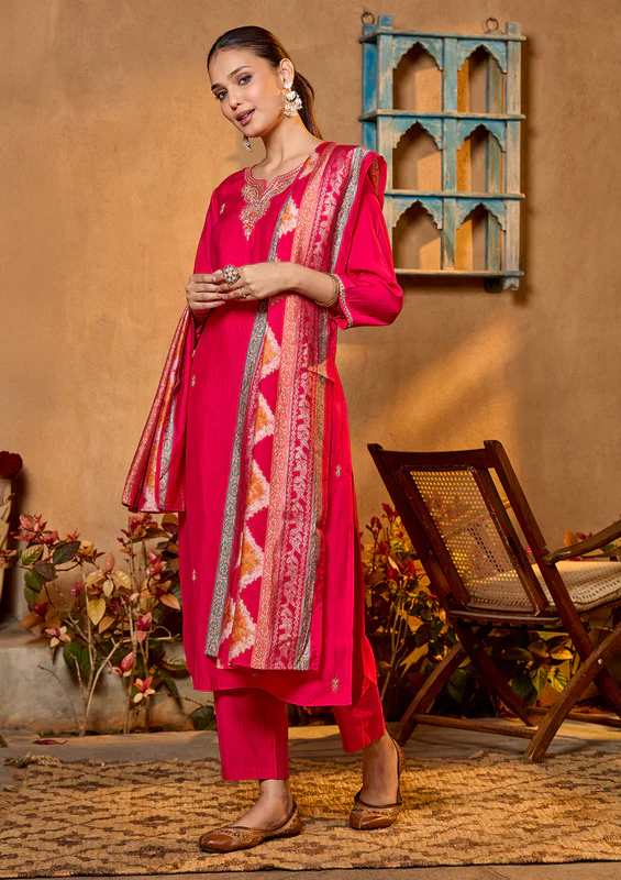 Rani Pink Zariwork Soft Raw Silk Readymade Salwar Suit