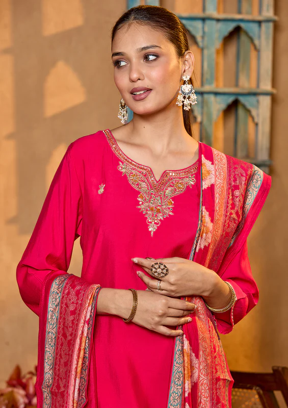 Rani Pink Zariwork Soft Raw Silk Readymade Salwar Suit - Image 3