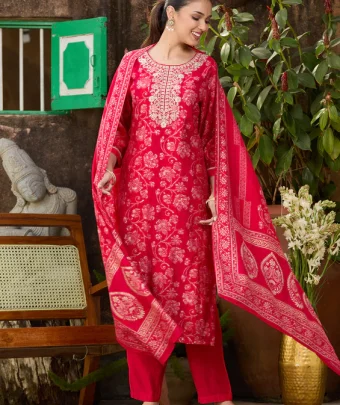 Rani Pink Threadwork Chanderi Readymade Salwar Suit