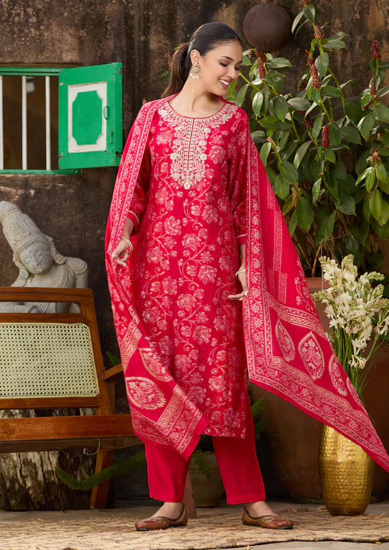 Rani Pink Threadwork Chanderi Readymade Salwar Suit