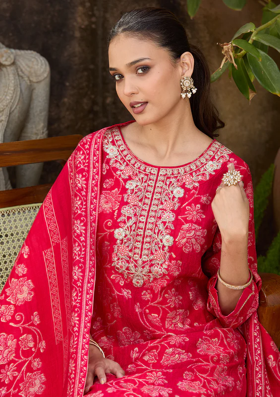 Rani Pink Threadwork Chanderi Readymade Salwar Suit - Image 3