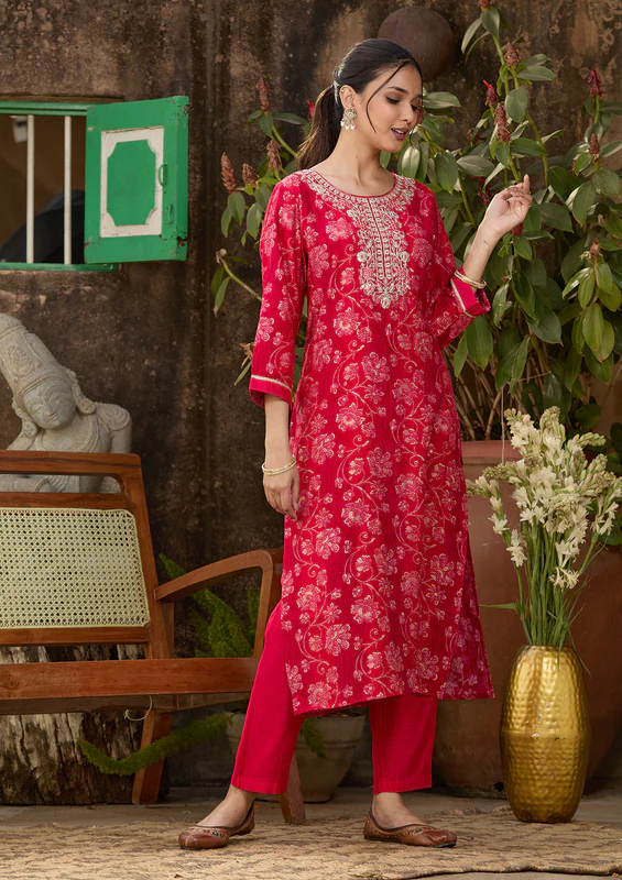 Rani Pink Threadwork Chanderi Readymade Salwar Suit - Image 2