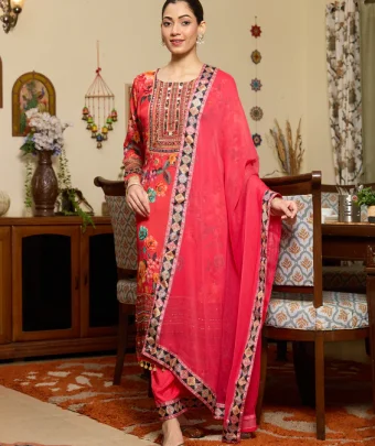 Red Mirrorwork Crepe Readymade Salwar Suit