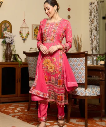 Rani Pink Mirrorwork Crepe Readymade Salwar Suit