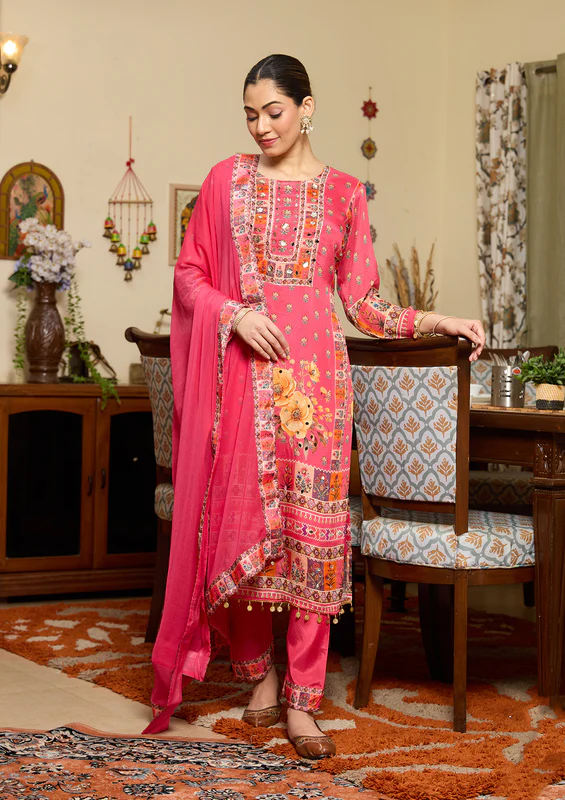 Rani Pink Mirrorwork Crepe Readymade Salwar Suit - Image 3