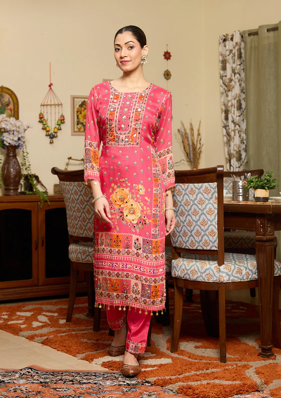 Rani Pink Mirrorwork Crepe Readymade Salwar Suit - Image 2