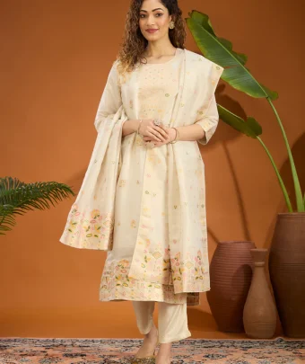 Beige Zariwork Brocade Readymade Salwar Suit