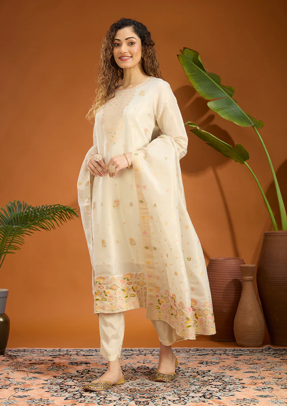 Beige Zariwork Brocade Readymade Salwar Suit - Image 3