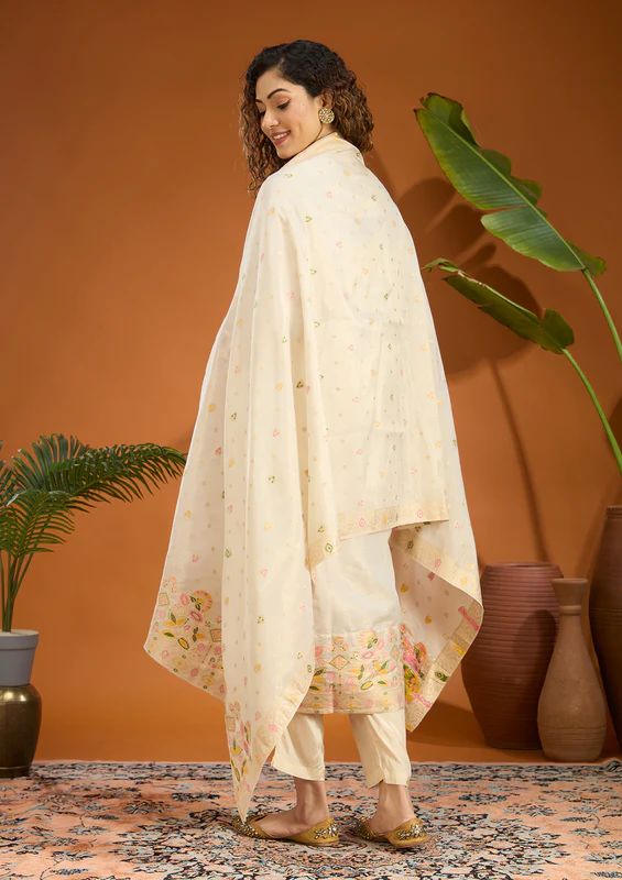 Beige Zariwork Brocade Readymade Salwar Suit - Image 4