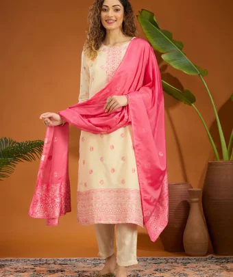Beige Plain Brocade Readymade Salwar Suit