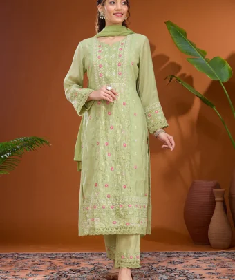 Pista Green Threadwork Chanderi Readymade Salwar Suit