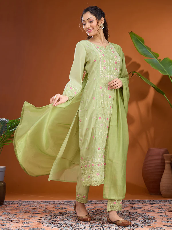 Pista Green Threadwork Chanderi Readymade Salwar Suit - Image 3