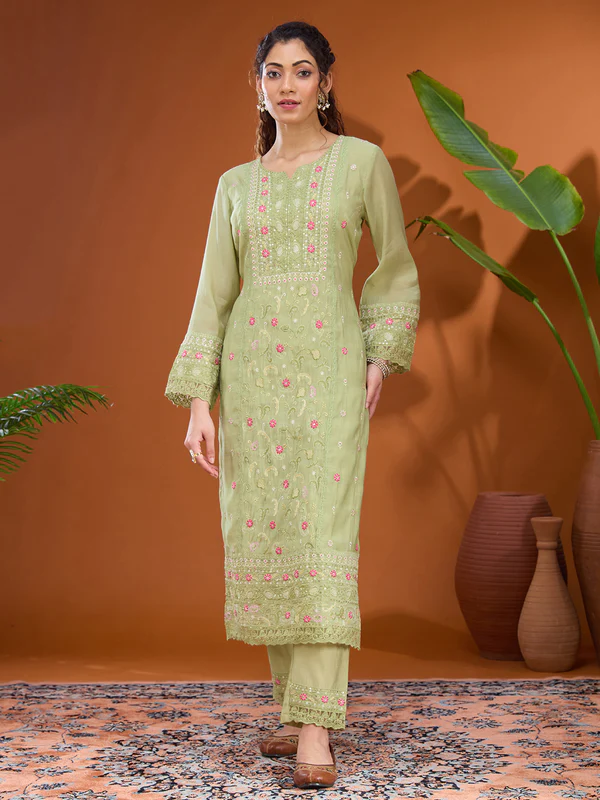 Pista Green Threadwork Chanderi Readymade Salwar Suit - Image 2