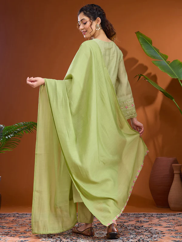 Pista Green Threadwork Chanderi Readymade Salwar Suit - Image 4