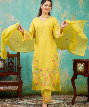 Yellow Threadwork Chanderi Readymade Salwar Suit