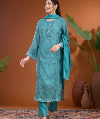 Blue Threadwork Chanderi Readymade Salwar Suit