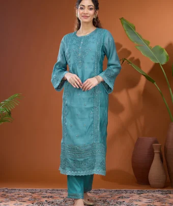 Blue Threadwork Chanderi Readymade Salwar Suit