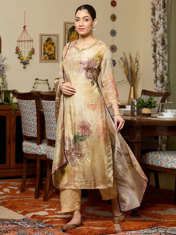 Beige Cutdana Tissue Readymade Salwar Suit - Image 3