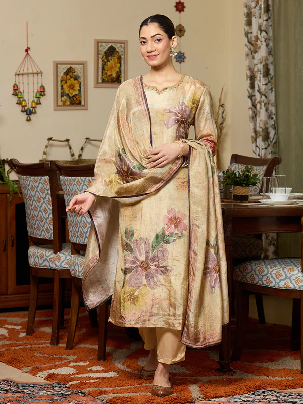 Beige Cutdana Tissue Readymade Salwar Suit - Image 2
