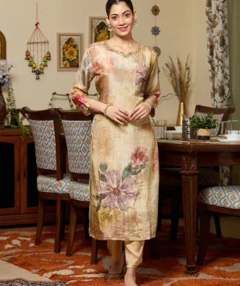 Beige Cutdana Tissue Readymade Salwar Suit