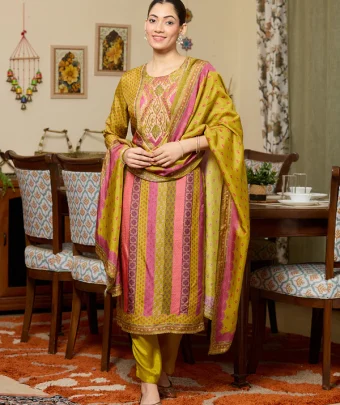 Mehandi Green Cutdana Satin Readymade Salwar Suit
