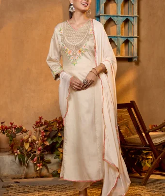 Beige Cording Chanderi Readymade Salwar Suit