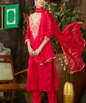 Red Threadwork Chanderi Readymade Salwar Suit