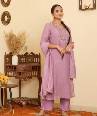Lavender Mirrorwork Chanderi Readymade Salwar Suit